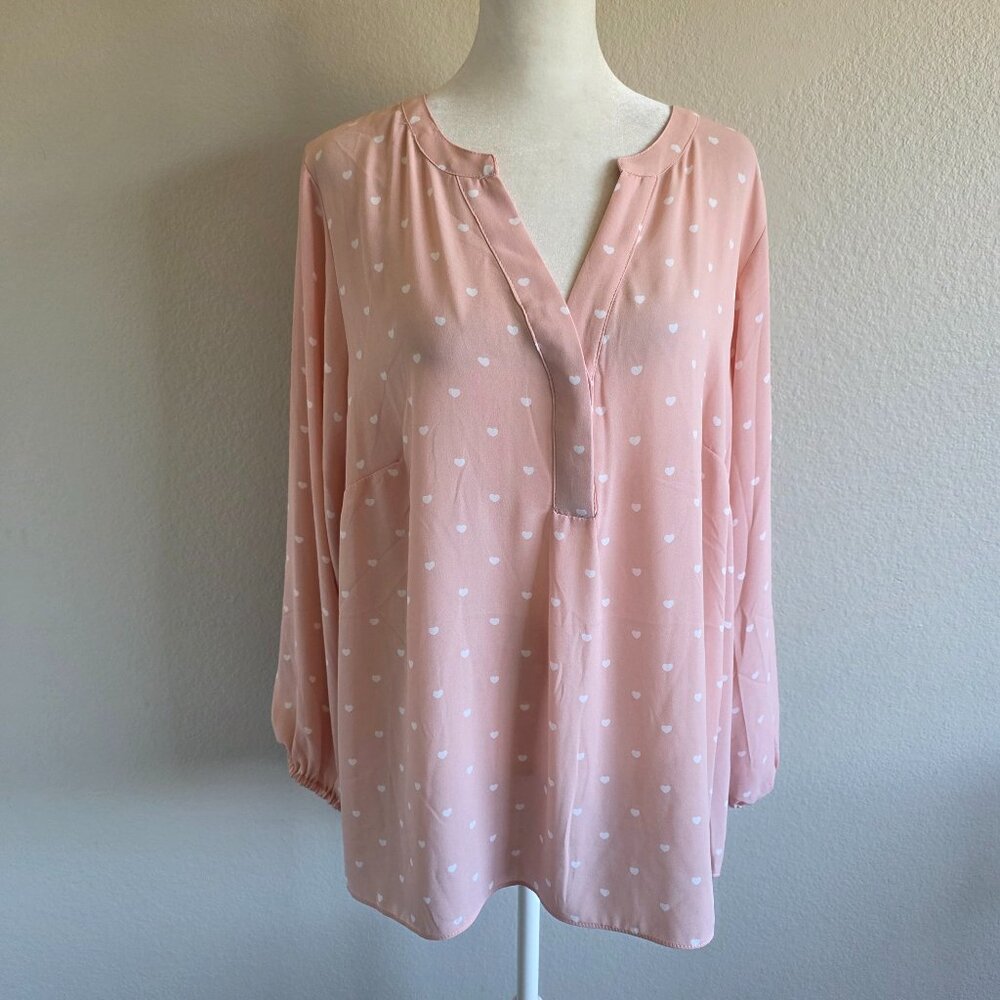 NEW Philosophy Blouse Tunic Dusty Pink White Heart Chiffon Long Sleeve Plus 1X
